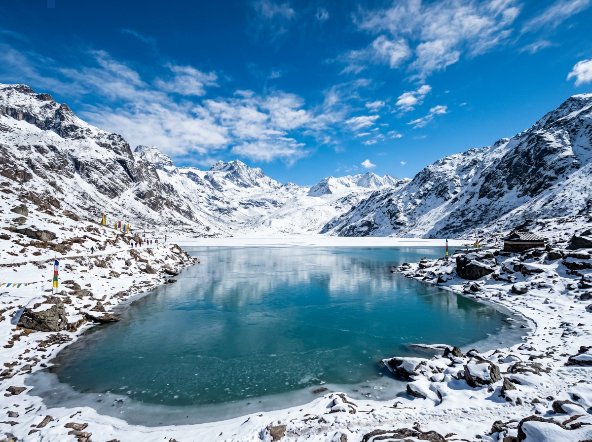 Glacial Tsomgo Lake surrounded by snowy mountains in Sikkim