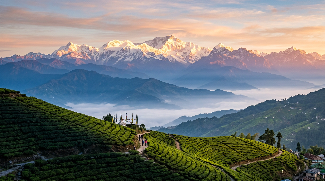 Sunrise over the snow-covered Kanchenjunga range and Darjeeling tea gardens
