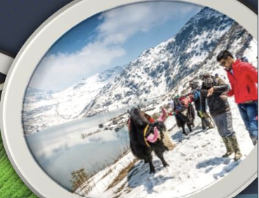 Visitors with yaks beside snowy Tsomgo Lake